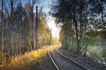 A train track with trees in the background