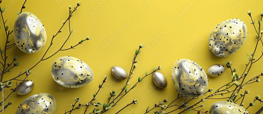 Aufkleber the easter holiday card features silver and gold eggs green twigs on a plain yellow background at th