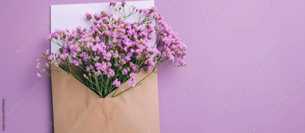 Poster Spring flowers in an envelope and white sheet on a violet background convey a message of love in this copy space image