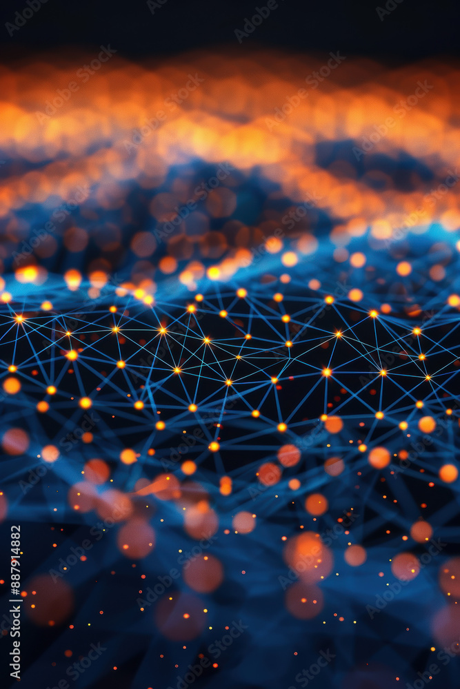 Poster abstract network of glowing points and lines on a dark background, representing connections and digi