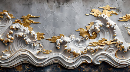 Volumetric stucco molding on a concrete wall with silver and gold elements. sea ​​and mountain landscape