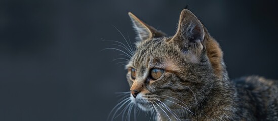 A close up image of a young cat with dark stripes on a gray background suitable for copy space image