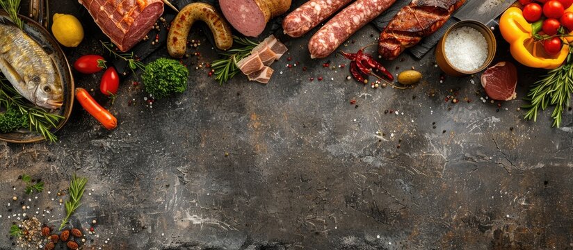 Top down view of various meats sausages fish and ingredients being cooked on a stone table with room for copy space image