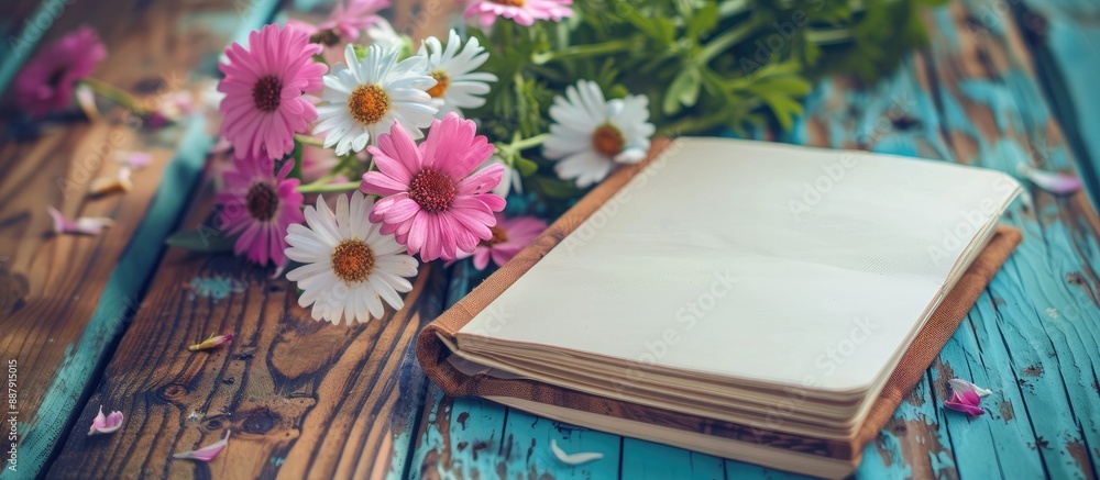 Aufkleber Wooden table with a notebook and flower perfect for a cozy setting with copy space image