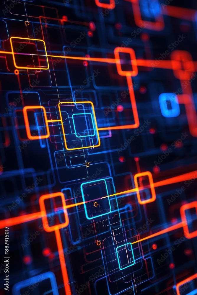 Poster abstract digital circuit board background. glowing colorful lines and squares representing data and 
