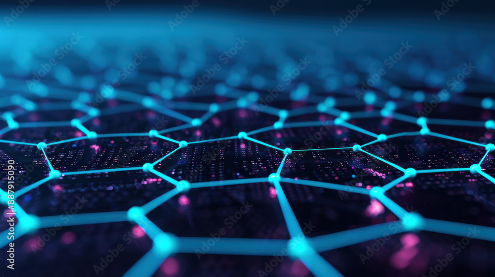 Poster futuristic digital network represented by interconnected hexagonal shapes with vibrant blue and purp