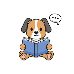 Doodle illustration of a cute dog reading a book