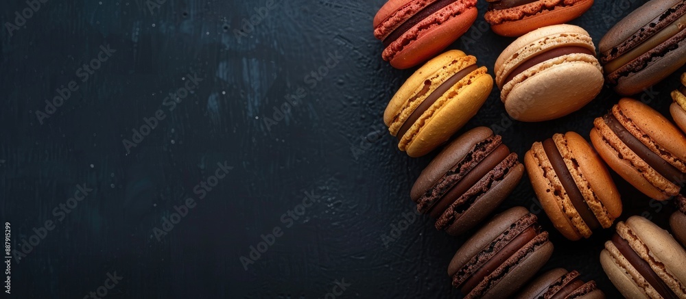 Aufkleber Top view of an array of macaron cookies against a dark backdrop with copy space image