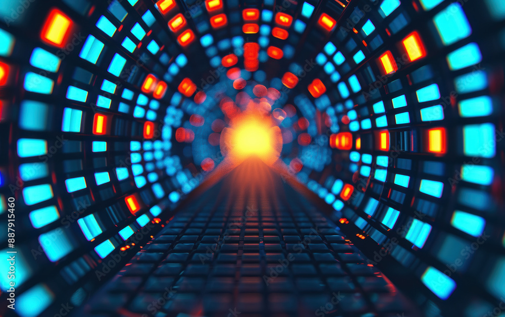 Poster futuristic neon tunnel with vibrant blue and orange lights, creating a dynamic and immersive abstrac