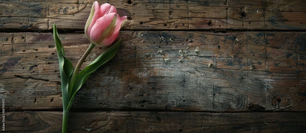 Poster A pink tulip on a rustic table viewed from above with a clear area for additional content in the picture