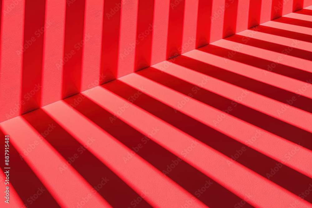 Poster abstract red background with bold black shadows pattern from diagonal lines creating geometric shape