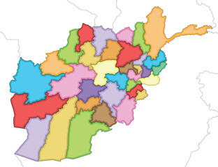 Vector illustrated regional blank map of Afghanistan with provinces and administrative divisions, and neighbouring countries and territories. Editable and clearly labeled layers.