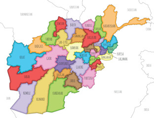 Fototapeta premium Vector illustrated regional map of Afghanistan with provinces and administrative divisions, and neighbouring countries and territories. Editable and clearly labeled layers.