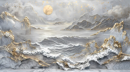 Volumetric stucco molding on a concrete wall with silver and gold elements. sea ​​and mountain landscape