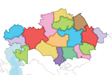 Fototapeta premium Vector illustrated blank map of Kazakhstan with regions, independent cities and administrative divisions, and neighbouring countries and territories. Editable and clearly labeled layers.