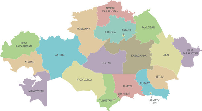 Vector map of Kazakhstan with regions, independent cities and administrative divisions. Editable and clearly labeled layers.