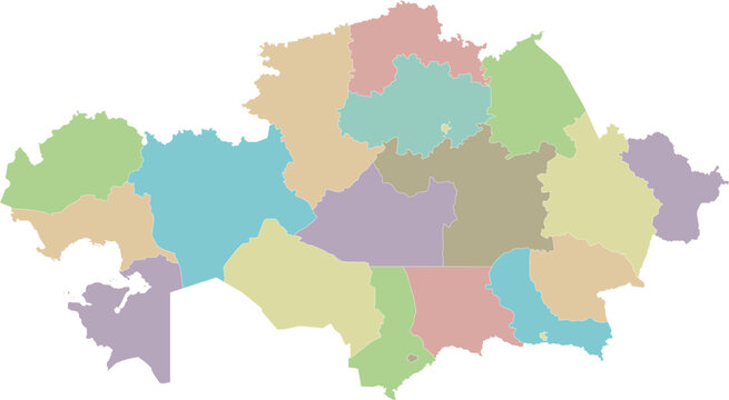 Vector blank map of Kazakhstan with regions, independent cities and administrative divisions. Editable and clearly labeled layers.