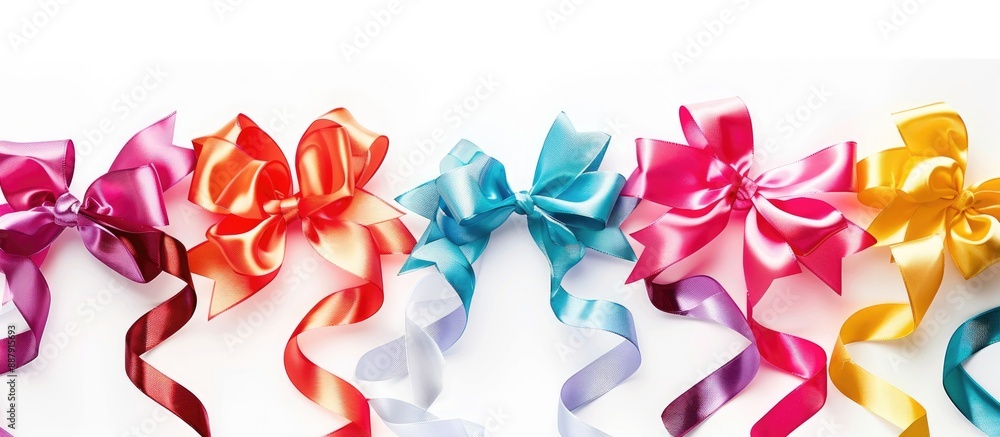 Poster copy space image with colorful ribbons and bows set against a white background