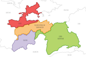 Obraz premium Vector illustrated regional map of Tajikistan with provinces and administrative divisions, and neighbouring countries and territories. Editable and clearly labeled layers.
