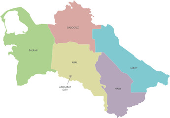 Vector regional map of Turkmenistan with provinces, capital city district and administrative divisions. Editable and clearly labeled layers.