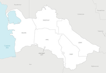 Obraz premium Vector regional map of Turkmenistan with provinces, capital city district and administrative divisions, and neighbouring countries and territories. Editable and clearly labeled layers.
