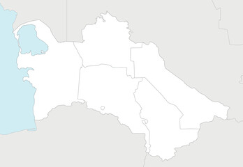 Fototapeta premium Vector regional blank map of Turkmenistan with provinces, capital city district and administrative divisions, and neighbouring countries and territories. Editable and clearly labeled layers.