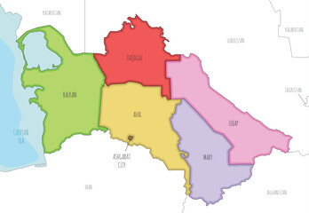 Vector illustrated regional map of Turkmenistan with provinces, capital city district and administrative divisions, and neighbouring countries and territories. Editable and clearly labeled layers.