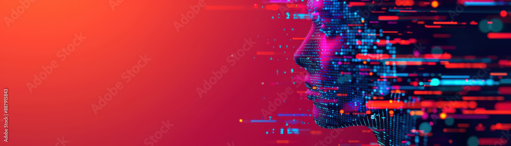 Poster digital abstract art of human face side view with colored lines on vibrant orange background represe