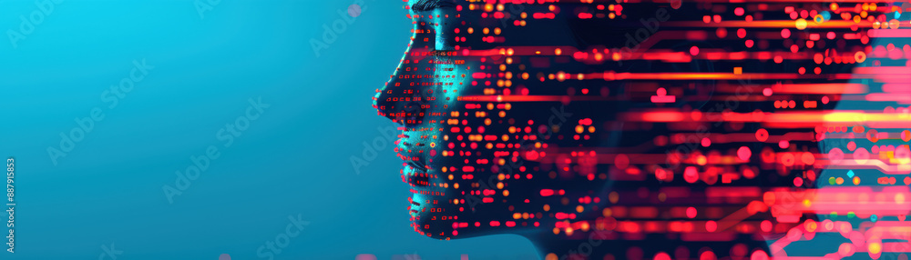 Poster a side profile of a person with digital data overlay, representing technology, artificial intelligen