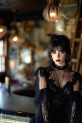 Fototapeta premium Goth style inspired woman, fashion and make-up portrait shoot in rustic room. Gothic, Goth, Emo, New Wave, Dark style fashion. Dark smokey make-up, red lipstick. Dramatic. Elegant. 