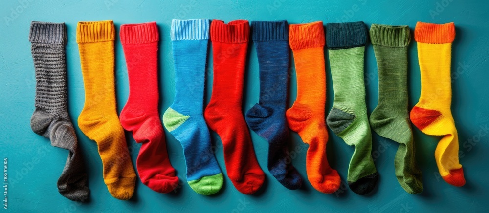 Poster variety of cotton socks on colorful background with copy space image
