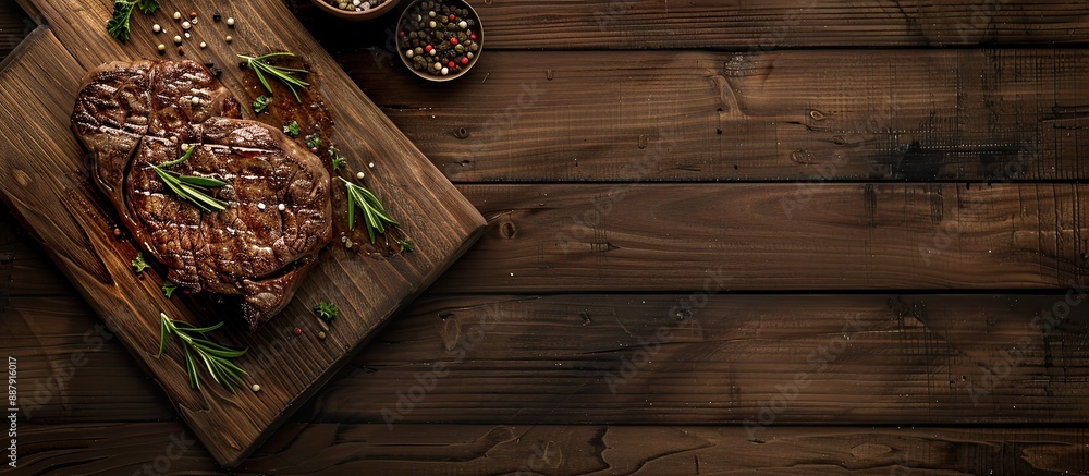 Aufkleber top view of a wooden cutting board with a grilled beef steak featuring ample copy space in the image