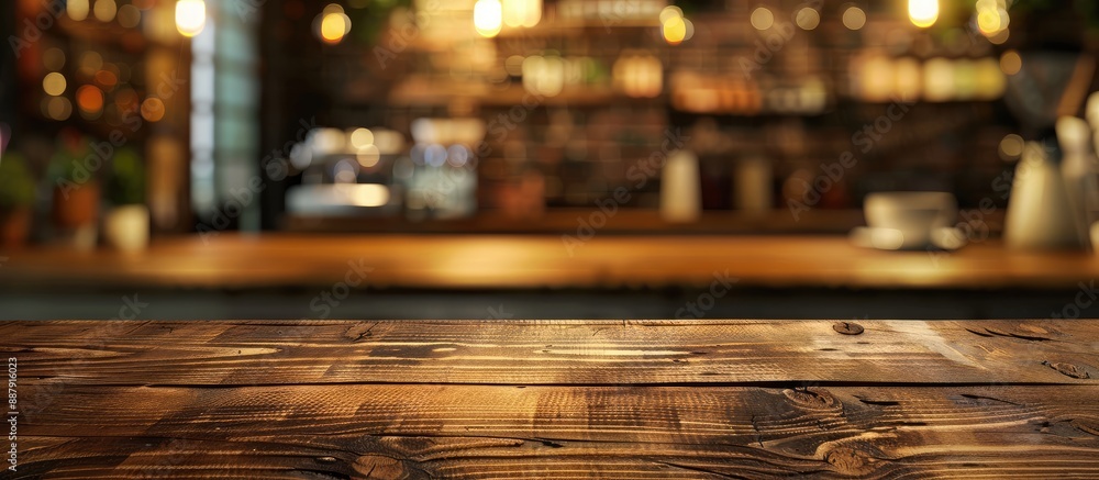 Fototapete a brown wooden table with copy space image to feature products against a blurred coffee shop backgro