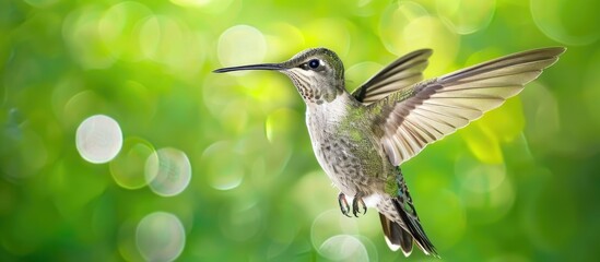 Fototapeta premium A female Ruby Throated Hummingbird in flight with spread wings against a green bokeh copy space image