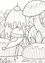 A cartoon bird talk to a mushroom on the nature background,a coloring page for children