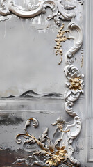 Volumetric stucco molding on a concrete wall with silver and gold elements. sea ​​and mountain landscape