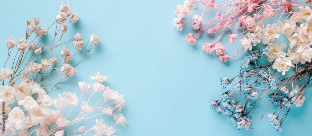 Aufkleber flat lay showing white and blue dried flowers on a pastel background with copy space image available