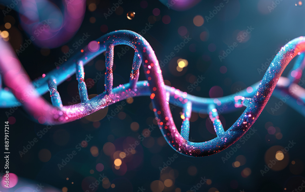 Poster abstract image of dna helix with glowing particles and a blurred background, showcasing the beauty a