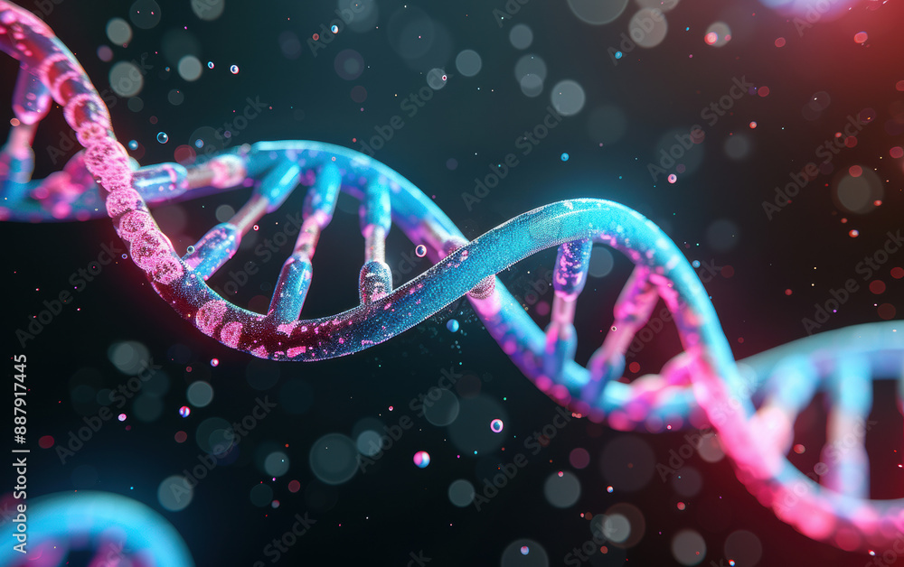 Poster a close-up visualization of a dna double helix with vivid colors and bokeh background, emphasizing g