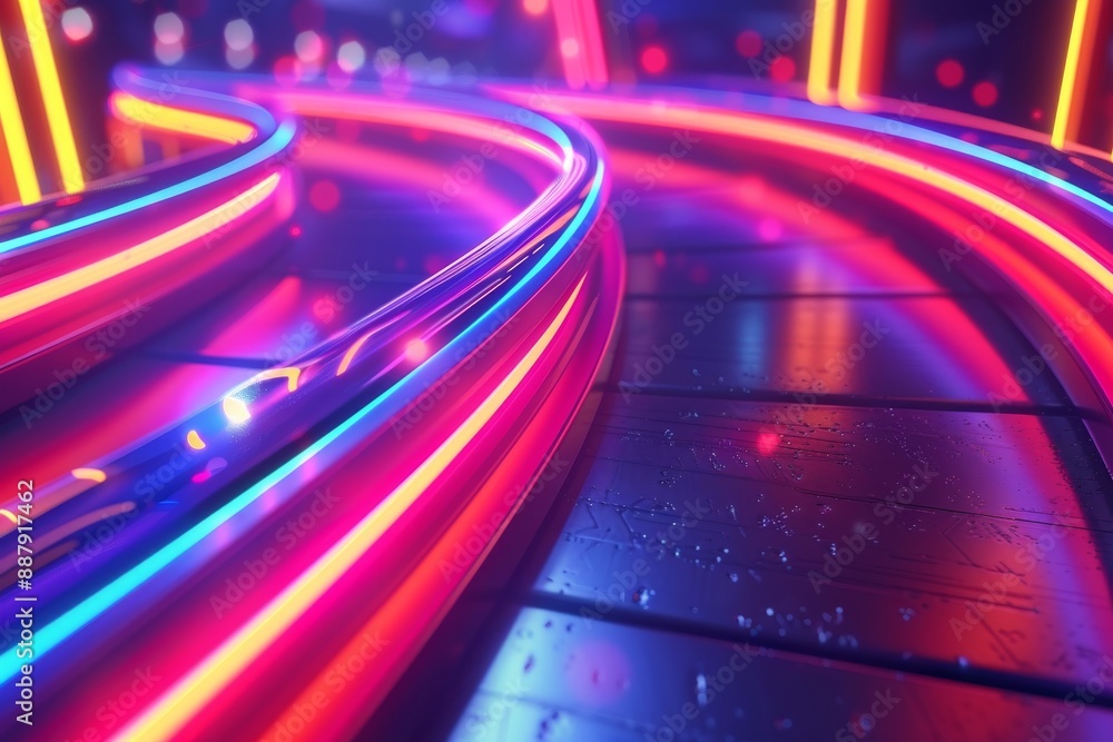 Poster neon-lit futuristic tracks, creating a vibrant and dynamic visual effect with bright and colorful li
