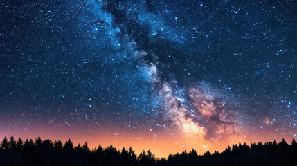 Fototapeta premium A stunning view of the Milky Way galaxy illuminated at night, with a serene forest silhouette beneath a star-studded sky.