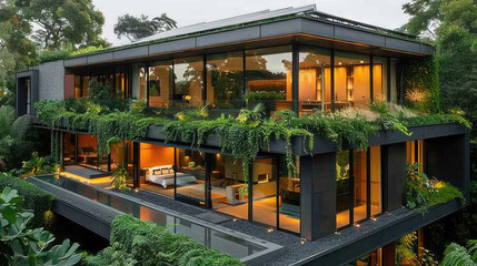 Solar panels on the roof of a stylish, eco-friendly home surrounded by greenery