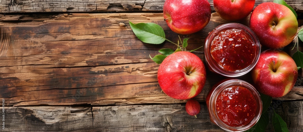 Poster apple jam displayed on a transparent plate over a wooden backdrop with copy space image included