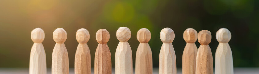 Close-up of diverse wooden figurines in a row against a blurred green background, symbolizing unity, diversity, and teamwork.
