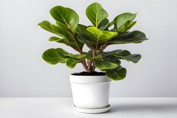 Dwarf fiddle leaf fig plant in black pot white background, Ai Generated