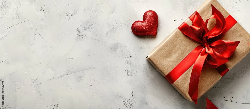 Poster valentine s day theme with a red bow adorned gift box two hearts and copy space image on a white bac