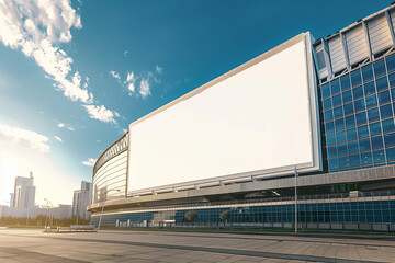 Professional shot showcasing a blank white signboard mockup positioned prominently at the sports stadium entrance, ideal for signage design, marketing campaigns, and venue directio