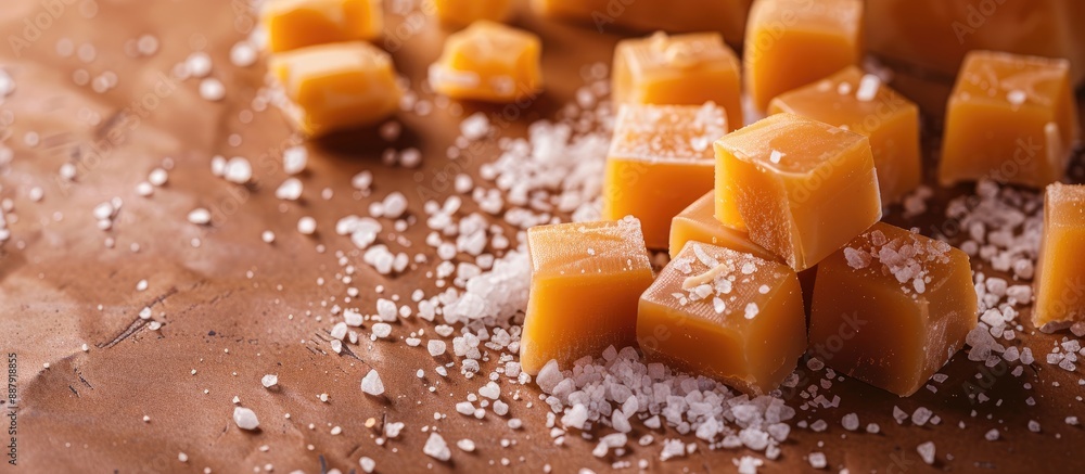 Aufkleber Golden butterscotch toffee caramels and salted caramel pieces sprinkled with sea salt displayed on a brown background with space for text or images. with copy space image