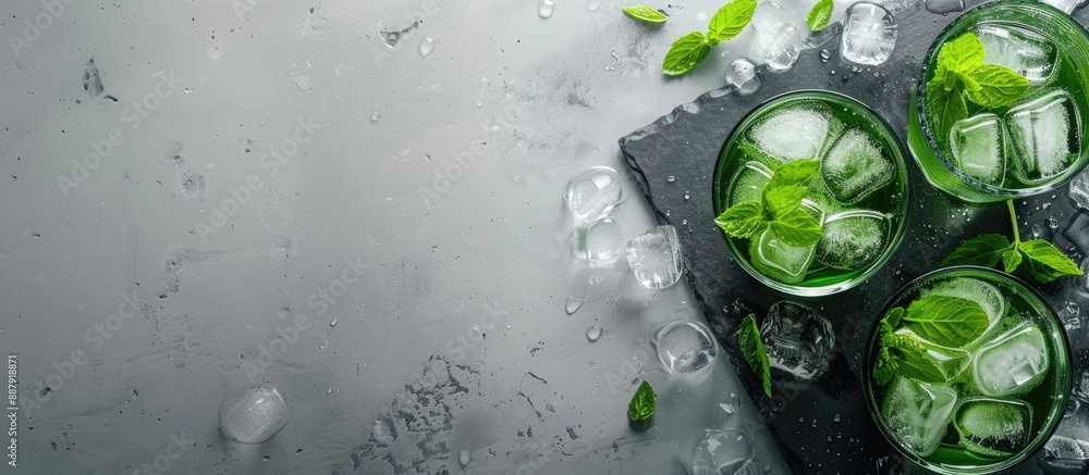Poster top view of a refreshing mint liqueur on a slate tray garnished with ice and mint leaves against a g