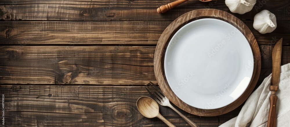 Poster top view of a wooden table with an empty plate utensils and a copy space image for your meal